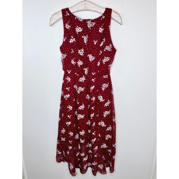 Love, Nickie Lew Women s High Low Floral Dress Size 7 Maroon Red Sleeveless M - Picture 6 of 8